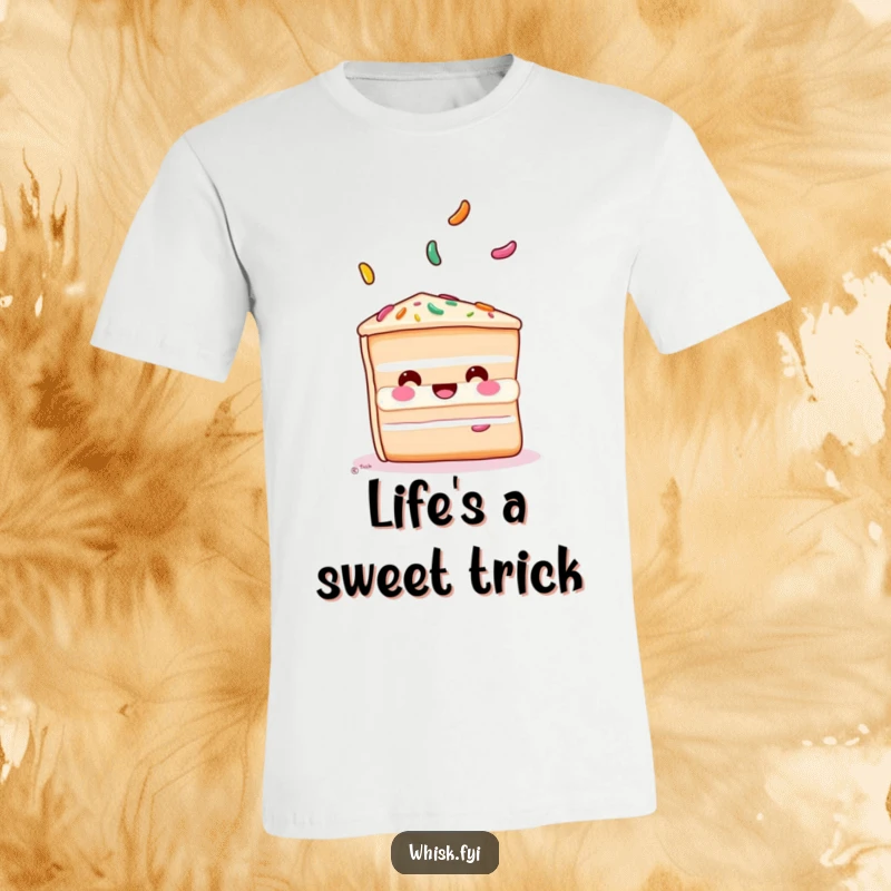 Funny cake t-shirt with a playful slice of cake juggling colorful sprinkles, embodying sweetness and skill.