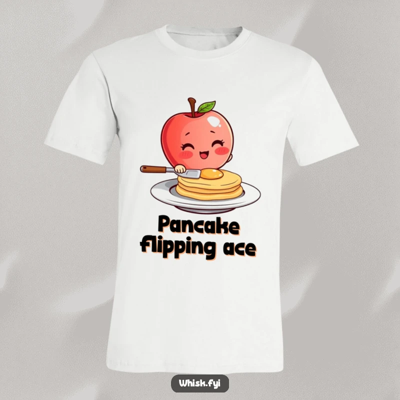 Funny blushing red apple character flipping a pancake with flair on a t-shirt, showcasing breakfast humor.