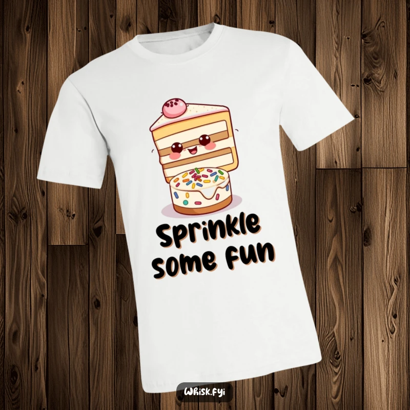 Funny t-shirt depicting a happy slice of cake decorating a smaller cake with sprinkles, great for bakers.