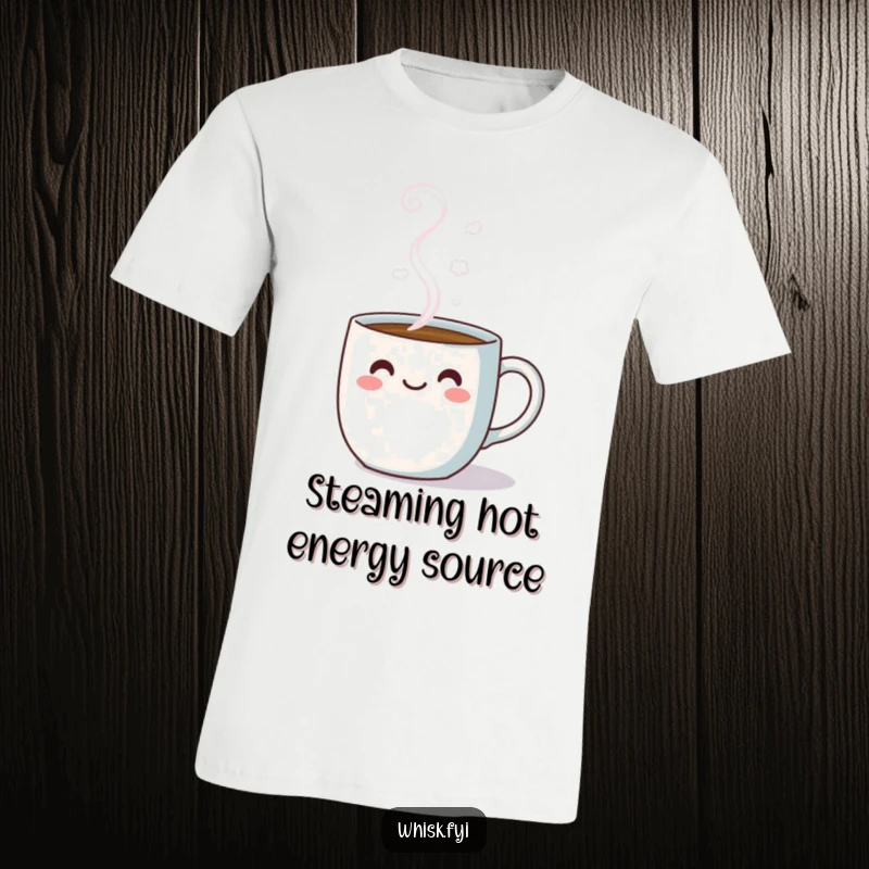 Funny kawaii T-shirt showing a coffee mug with smiling steam clouds, perfect for cheerful morning vibes.