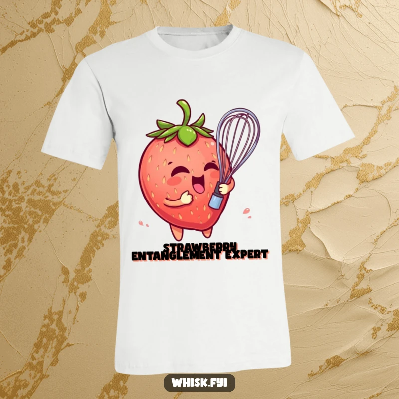 Funny T-shirt showcasing a playful strawberry character comically entangled in a whisk, exuding fruity mischief and humor.