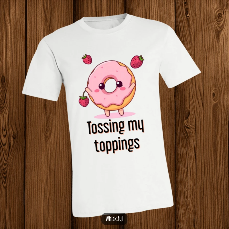 Funny t-shirt showcasing a happy donut character tossing a berry, embodying playful and sweet energy.