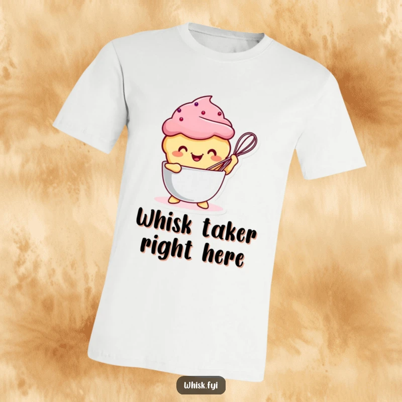 Funny Kawaii muffin character joyfully whisking batter in a bowl, printed on a comfortable t-shirt.