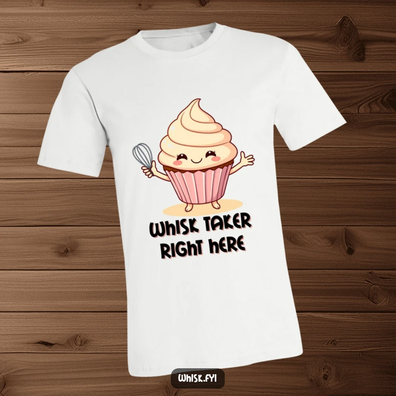 Funny t-shirt with a smiling cupcake offering a whisk, perfect for anyone who loves to bake and share.