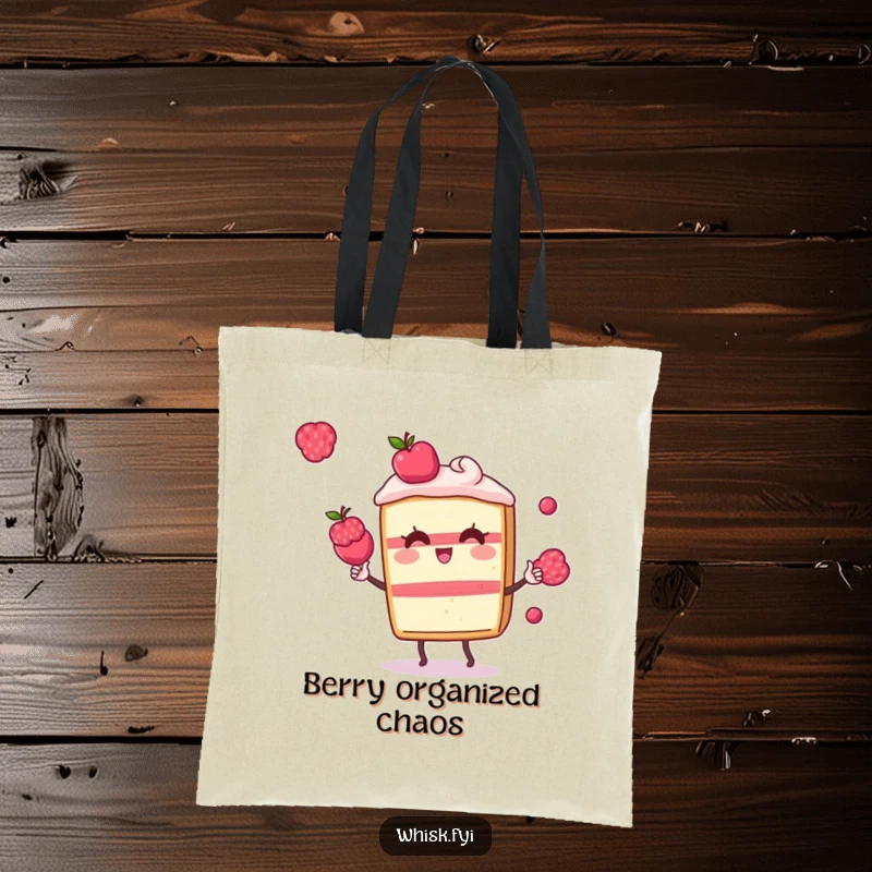 Funny Kawaii cake tote bag, showing a playful cake slice character juggling small berries, perfect for carrying treats.