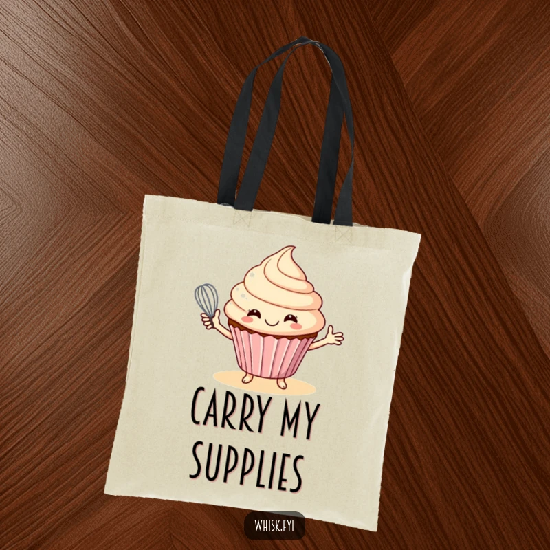 Funny tote bag with a smiling cupcake offering a whisk, perfect for carrying baking ingredients and tools.
