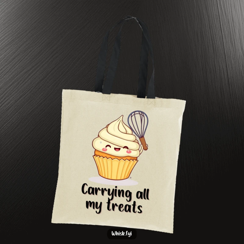 Funny cheerful cupcake joyfully swirling batter with a whisk, depicted humorously on a tote bag.