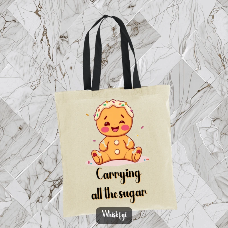 Funny gingerbread man tote bag, busy decorating with sprinkles, a cheerful and practical accessory for sweet errands.