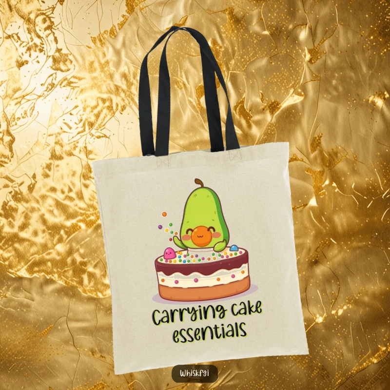 Funny green avocado with an apron decorating a cake with colorful dots on a durable tote bag.