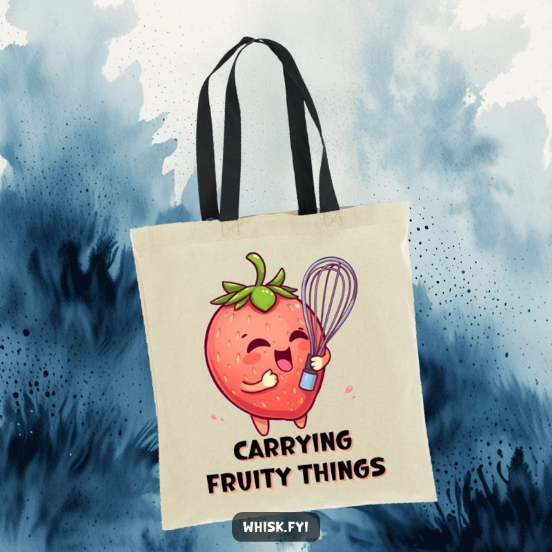 Funny tote bag with a playful strawberry character comically entangled in a whisk, a charming and humorous accessory for fruit fans.