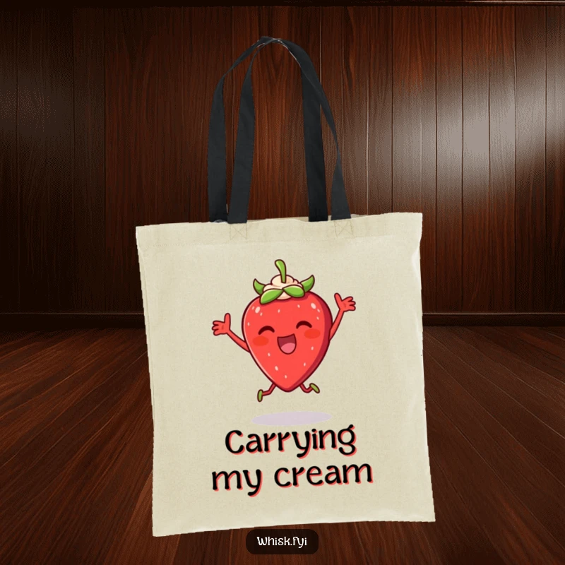 Funny Strawberry Dance Tote Bag: A thrilled strawberry dancing with cream, making it a fun and humorous accessory for everyday use.