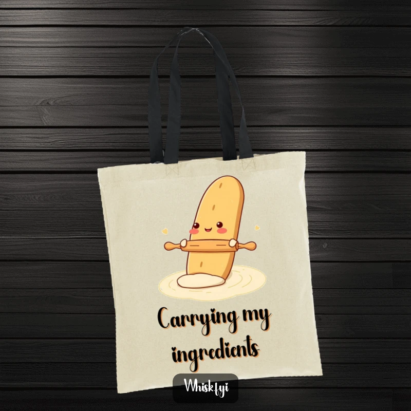 Funny tote bag with a gleeful baguette rolling dough with a tiny rolling pin, practical for carrying items with a cute and baking-themed design.