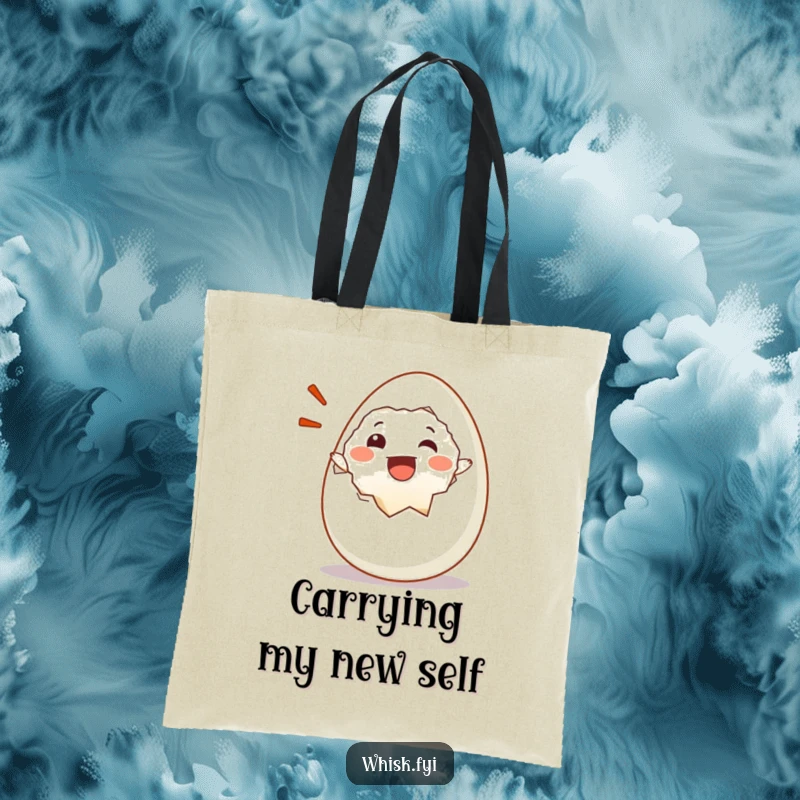 Funny tote bag with a happy egg character cracking itself open, radiating pure joy and excitement.