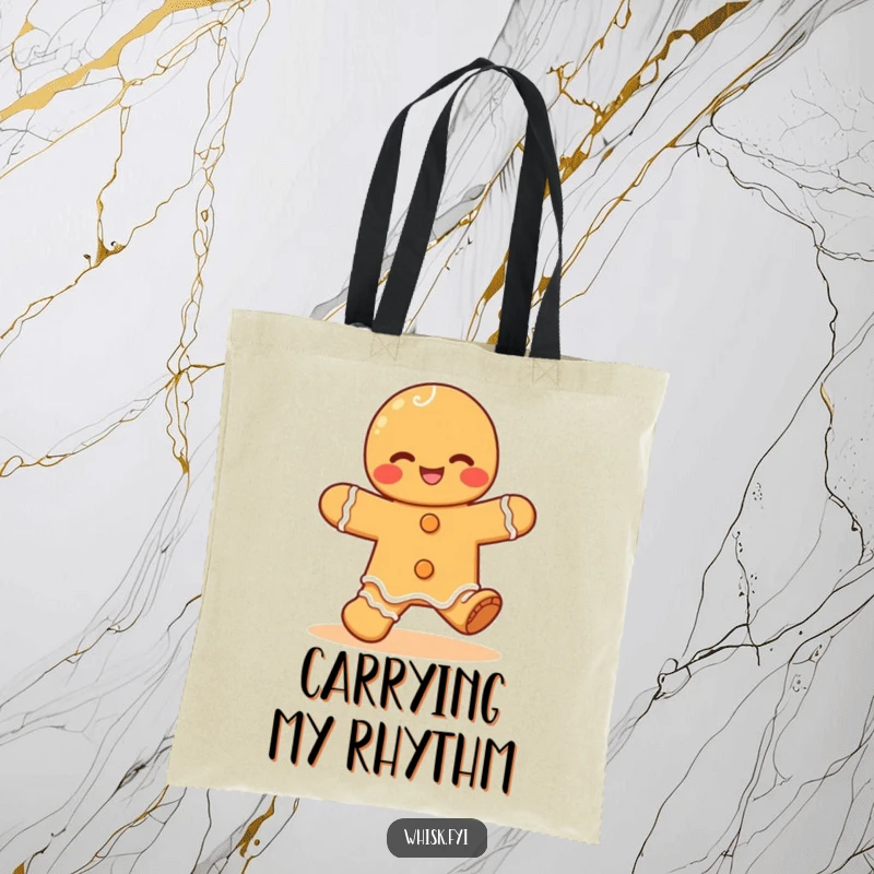 Funny Kawaii gingerbread tote bag, showing a giggling gingerbread man doing a happy jig, perfect for carrying treats.