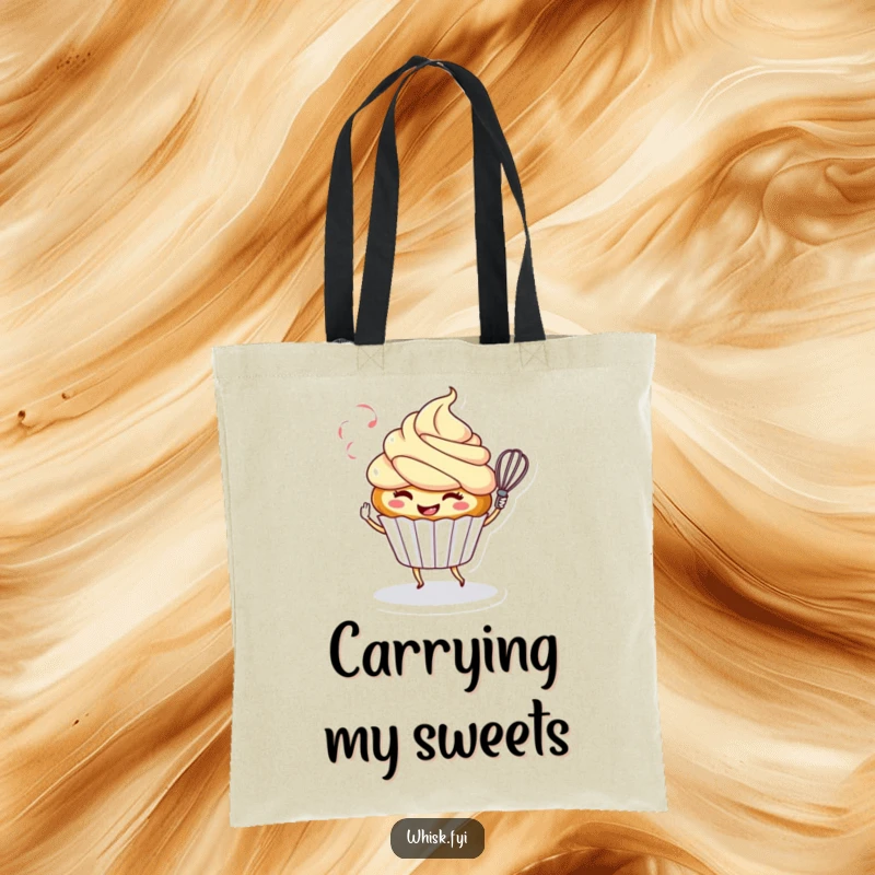 Funny tote bag with a smiling cupcake character playfully twirling a whisk, a charming and humorous accessory for baking enthusiasts.