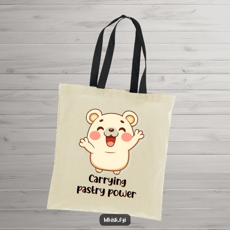Funny happy bear claw pastry character giving a delighted cheer on a durable tote bag, ready for any outing.