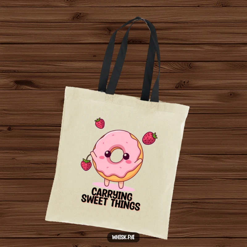 Funny tote bag with a happy donut character playfully tossing a berry, symbolizing sweet fun.