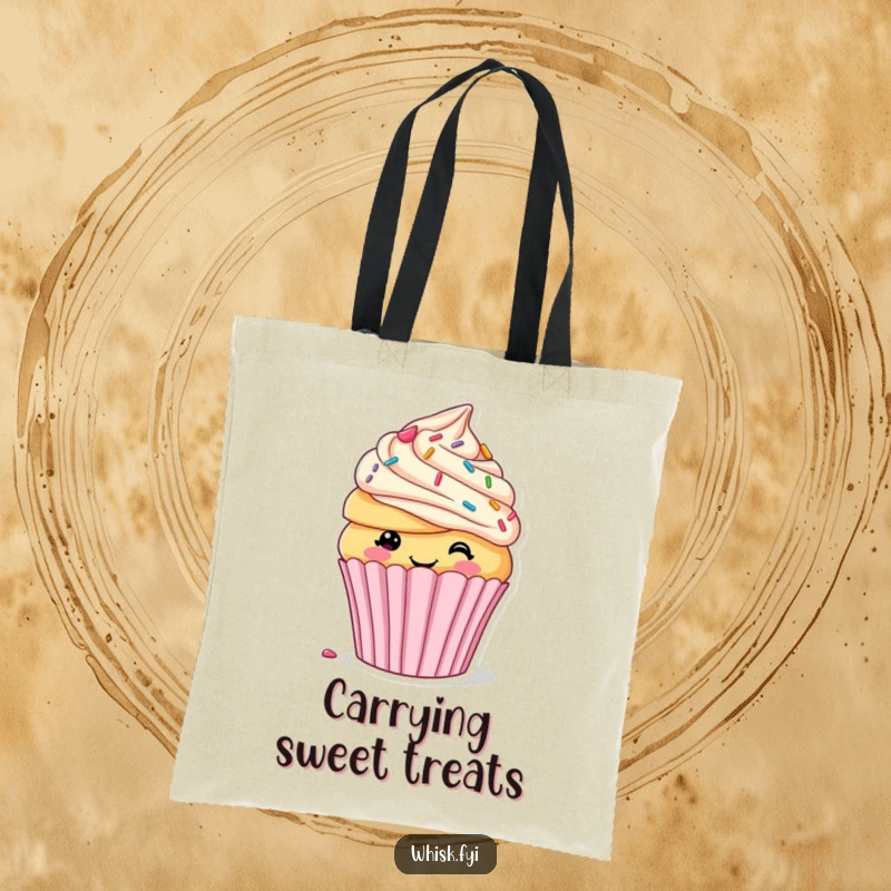 Funny tote bag featuring a smiling cupcake decorating itself with sprinkles and frosting, perfect for carrying daily essentials with sweet humor.