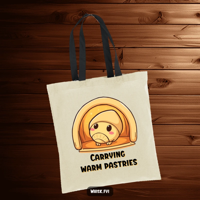 Funny croissant tote bag with a curious croissant character peeking into a warm oven, perfect for grocery shopping.