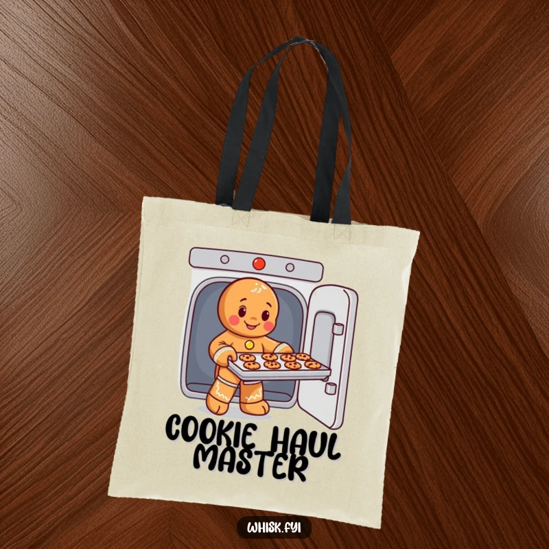 Funny tote bag with a playful gingerbread man character retrieving cookies from an oven, excellent for carrying groceries or baking supplies.