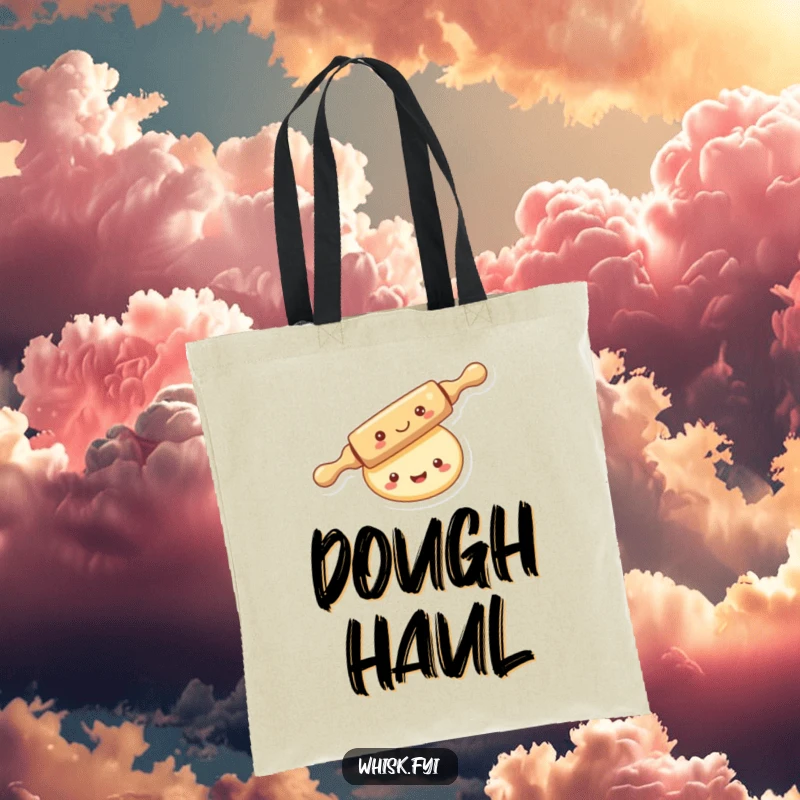 Funny kawaii rolling pin tote bag, merrily rolling over a smiling piece of dough, practical and charming.