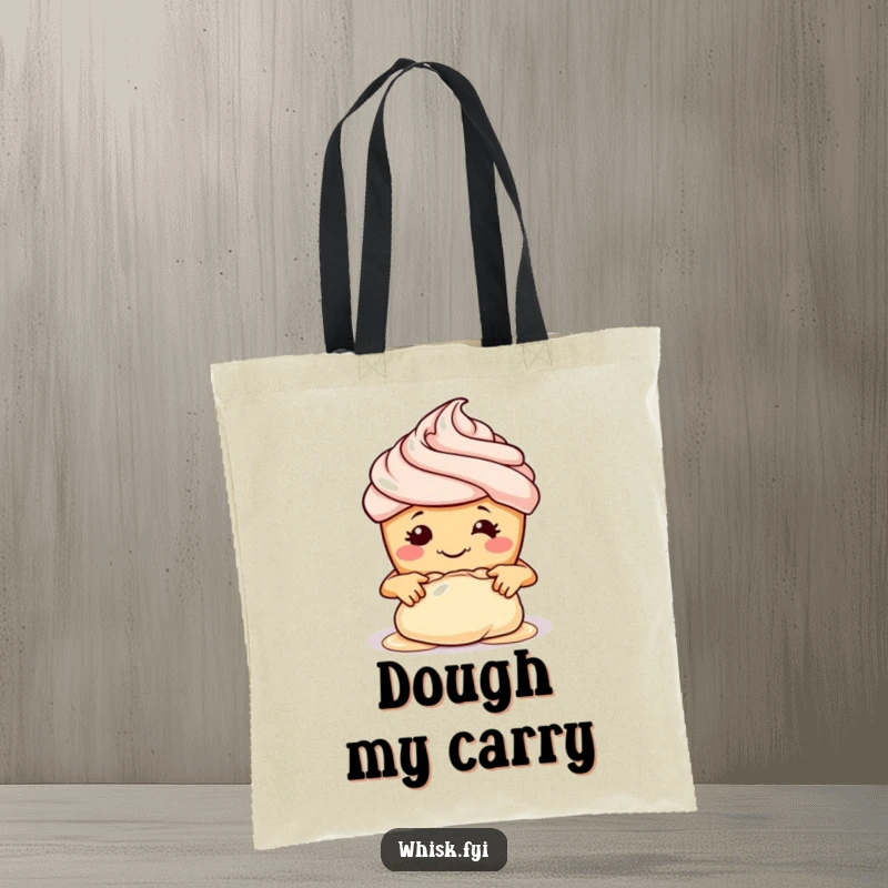 Funny tote bag showcasing a smiling cupcake with tiny hands, busy kneading dough, ideal for carrying baking supplies.