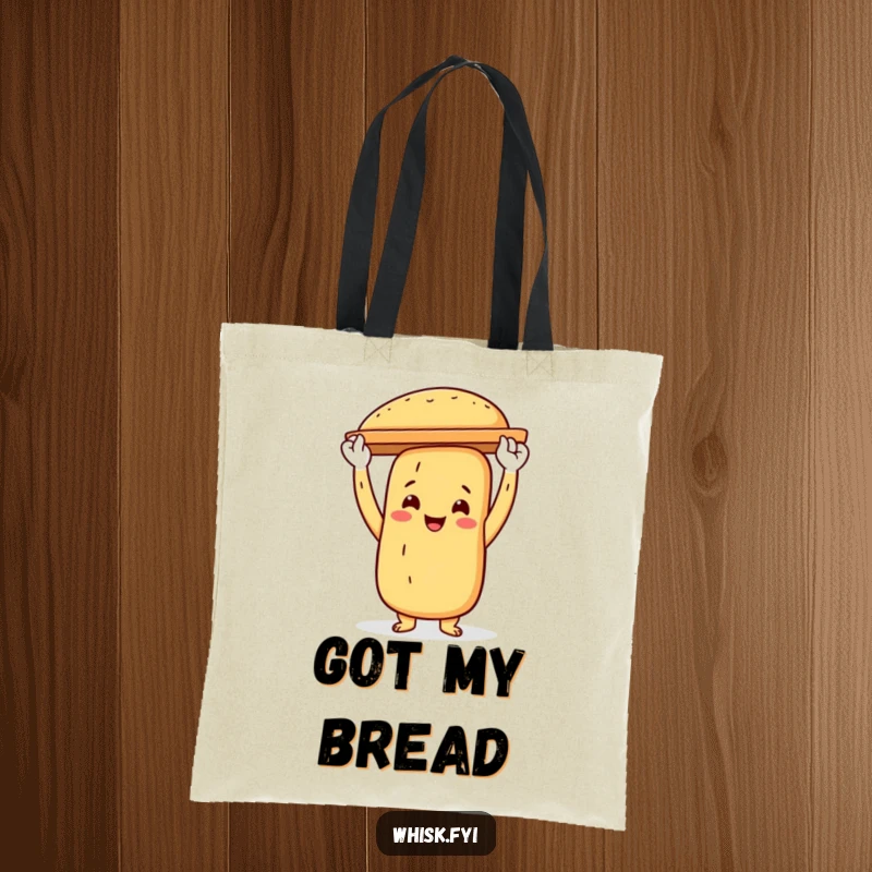 Funny baguette baker tote bag with a proud baguette character holding a baking sheet aloft, perfect for market trips.