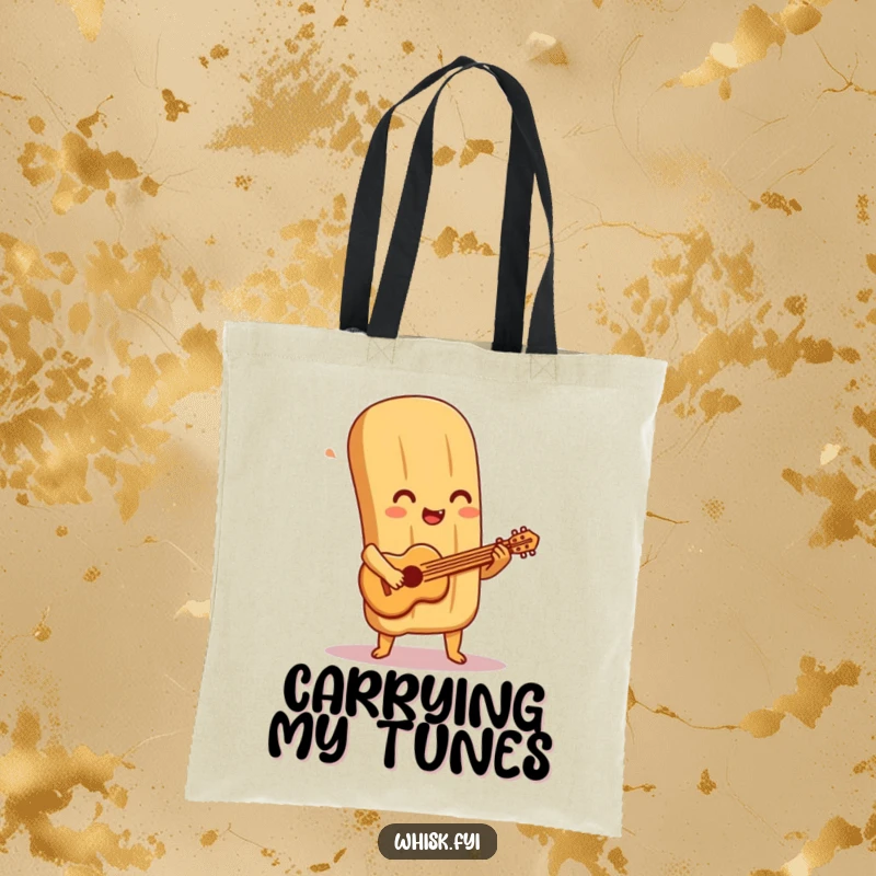 Funny baguette tote bag shows a delighted baguette character playing a tiny pastry guitar, perfect for carrying essentials with musical flair.
