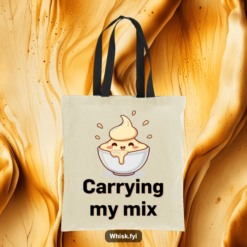 Funny tote bag with a charming, happy bowl of batter character spilling slightly, perfect for carrying baking supplies or groceries.