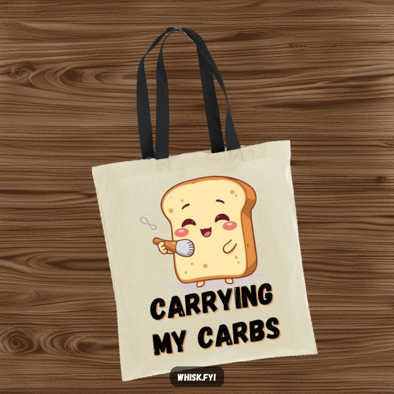 Funny tote bag displaying a giggling bread slice character delicately dusting flour with a small brush, a charming and practical accessory.