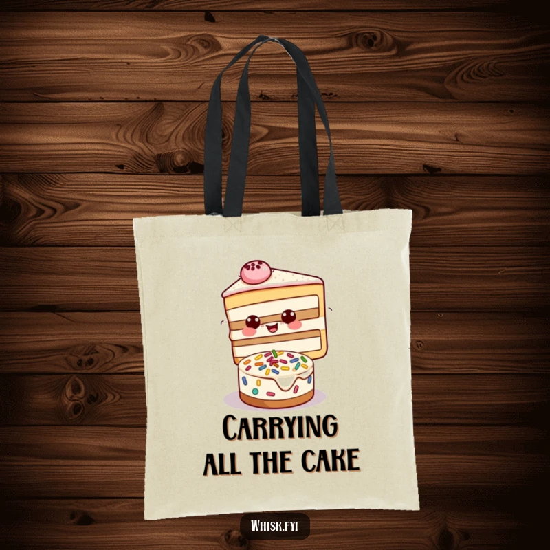 Funny tote bag with a happy slice of cake decorating a smaller cake with sprinkles, ideal for shoppers.