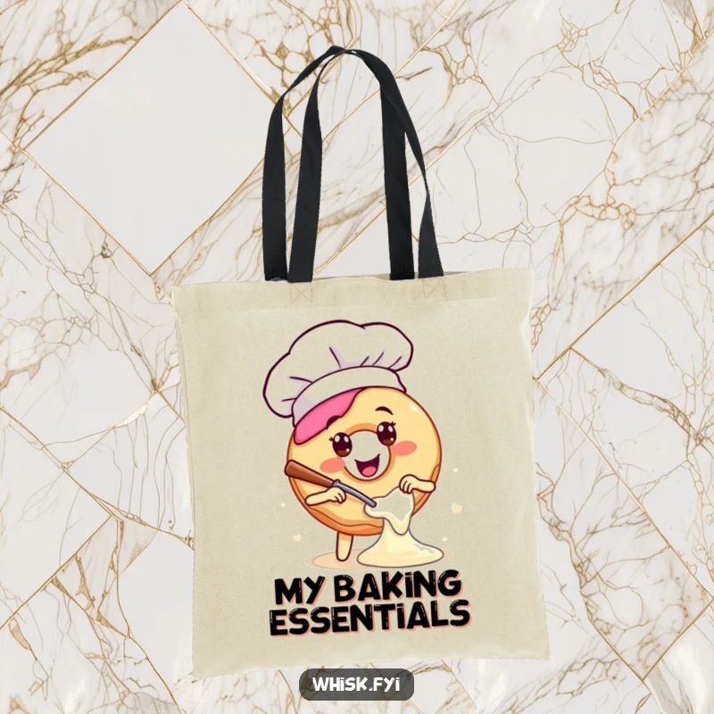 Funny tote bag showing a happy donut in a chef hat, enthusiastically mixing batter, ideal for carrying kitchen essentials with humor.
