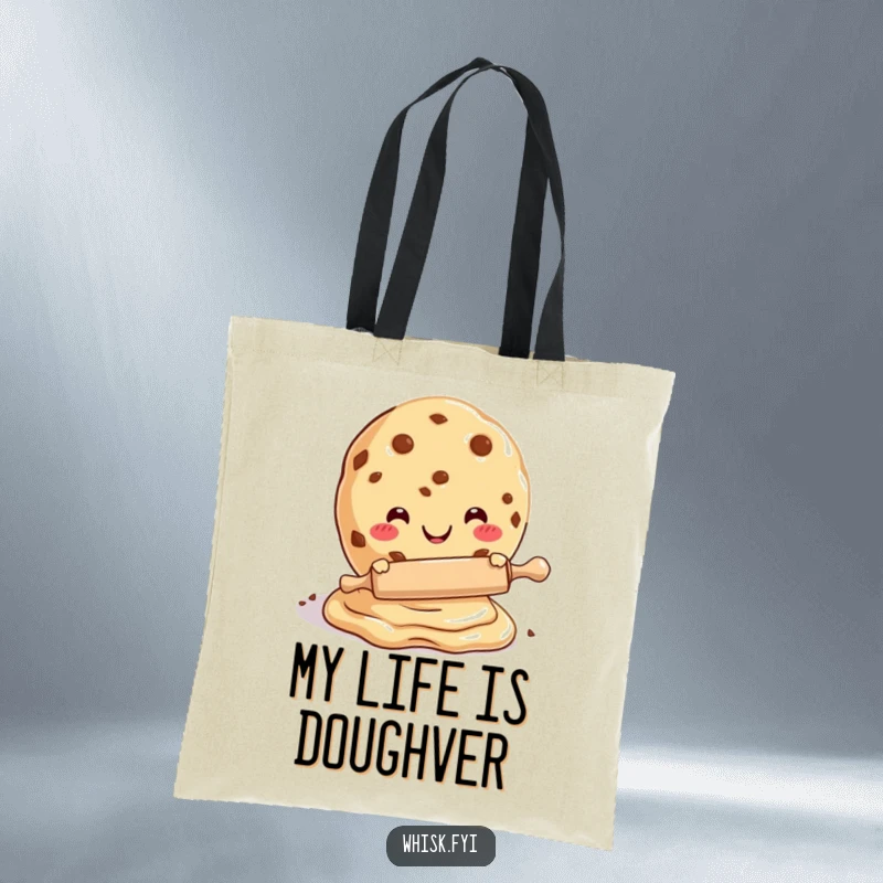 Funny tote bag showcasing a happy cookie with a tiny rolling pin, actively making dough, useful for shoppers.