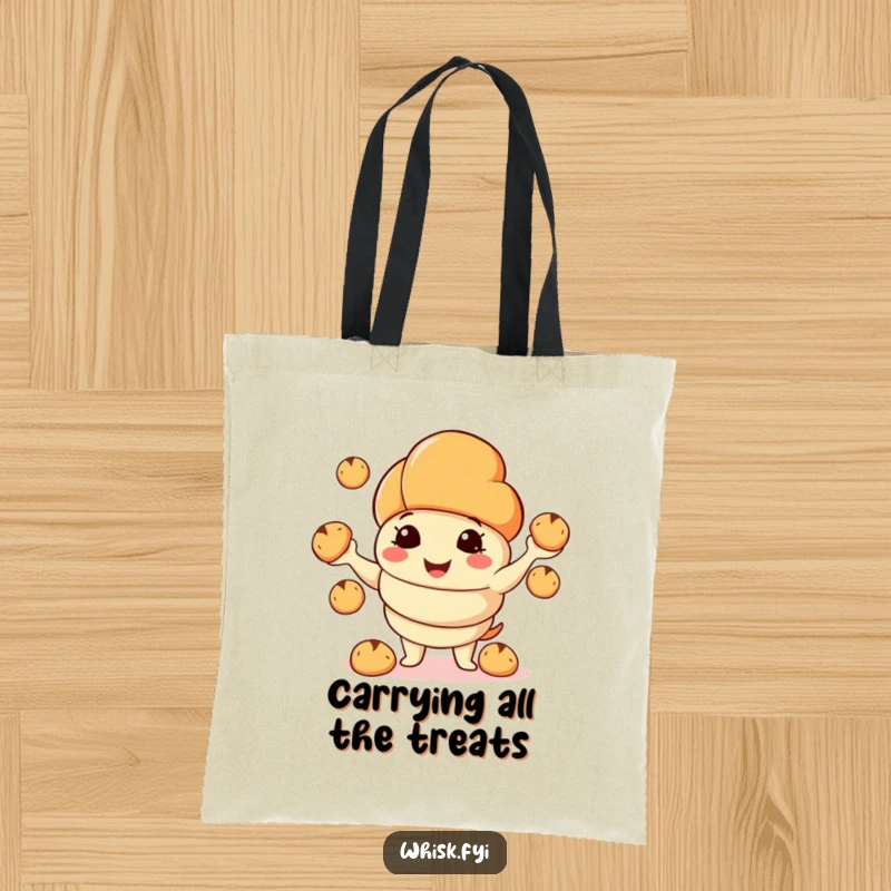 Funny tote bag showcasing a smiling croissant character juggling miniature bread rolls, perfect for carrying your favorite treats.