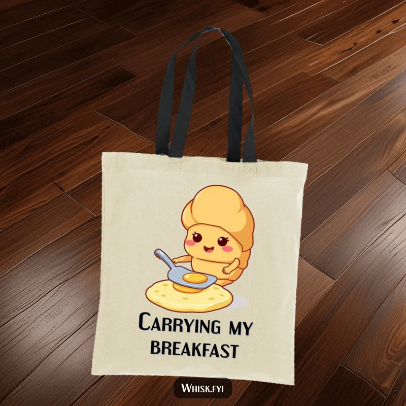 Funny croissant smiling while expertly flipping a pancake with a spatula, depicted humorously on a tote bag.