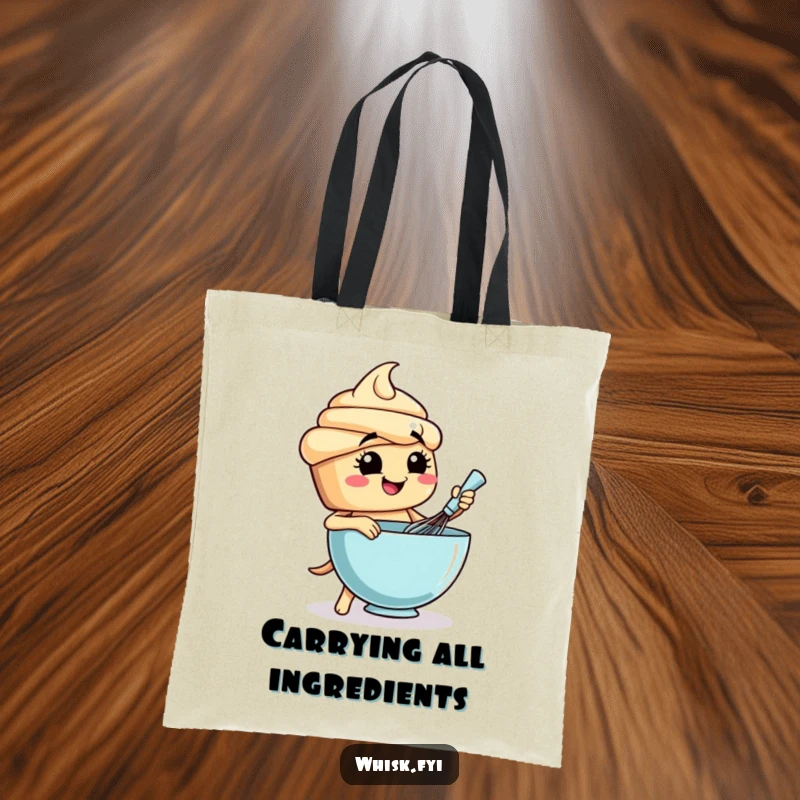 Funny cupcake tote bag with a cheerful character vigorously mixing a bowl of batter, showcasing baking passion.