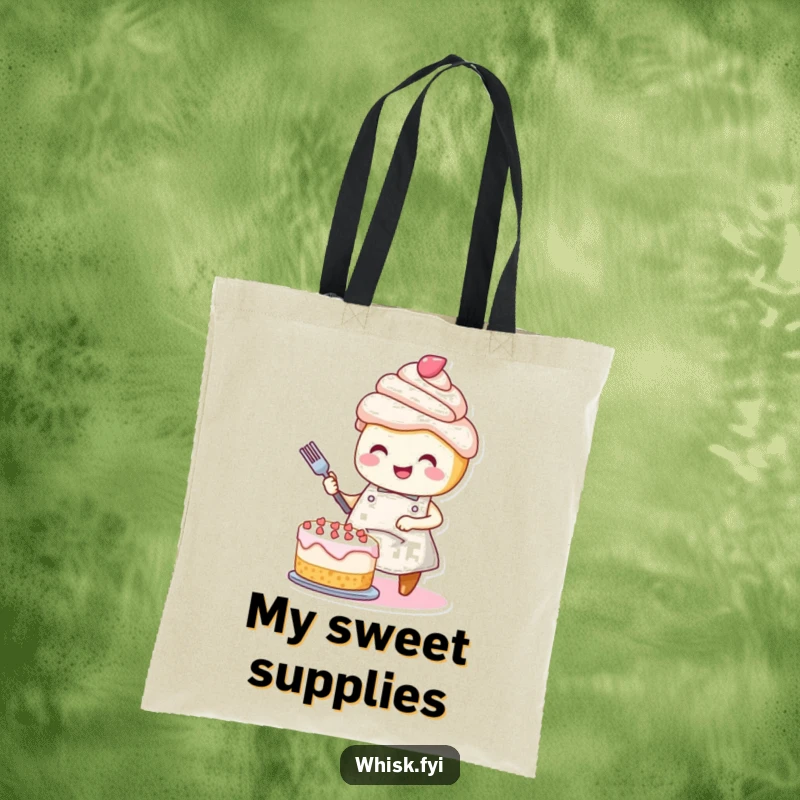 Funny tote bag: A smiling cupcake with an apron joyfully decorating a cake, perfect for carrying baking supplies.