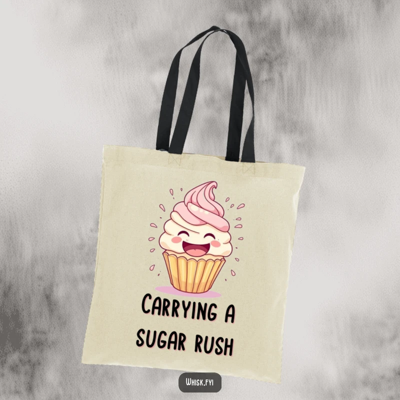Funny cupcake tote bag shows a laughing cupcake mid-explosion with frosting flying everywhere, great for carrying purchases with humor.