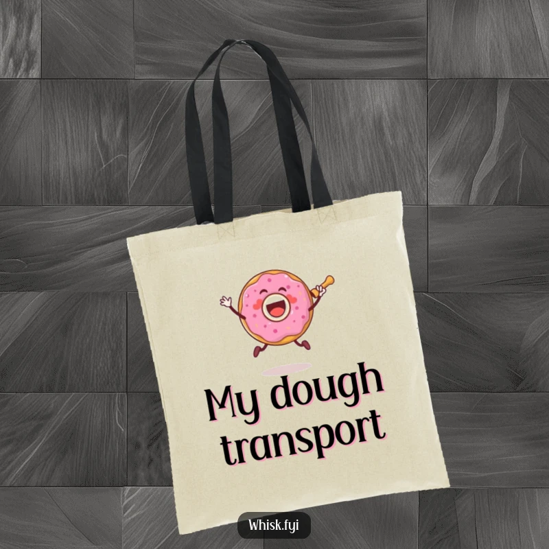 Funny tote bag with a joyful donut character jumping with a rolling pin, perfect for carrying baking ingredients.