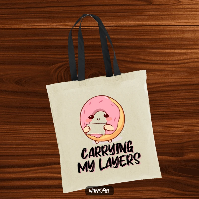 Funny, determined donut character carefully folding parchment paper, featured on a durable tote bag for organized bakers.