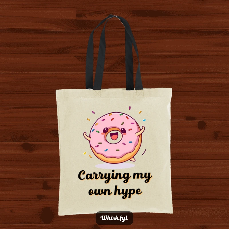 Funny donut tote bag displays a happy donut character in mid-roll with sprinkles flying, ideal for carrying groceries with humor.