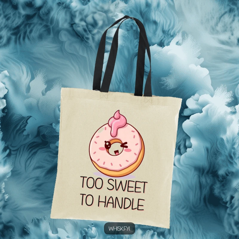 Funny tote bag depicting a mischievous doughnut winking and frosting a fellow pastry, great for shopping.