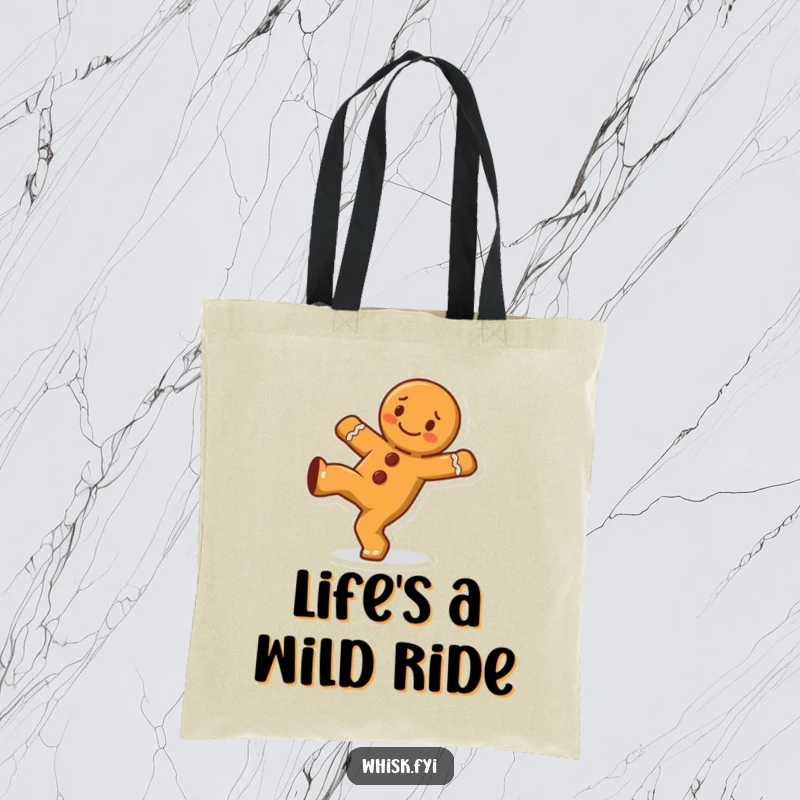 Funny cheerful gingerbread man character doing a cartwheel on a durable tote bag, ready for any adventure.