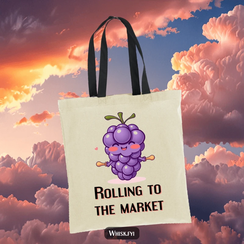 Funny blushing purple grape character with tiny arms joyfully rolling out dough with a small pin on a tote bag.