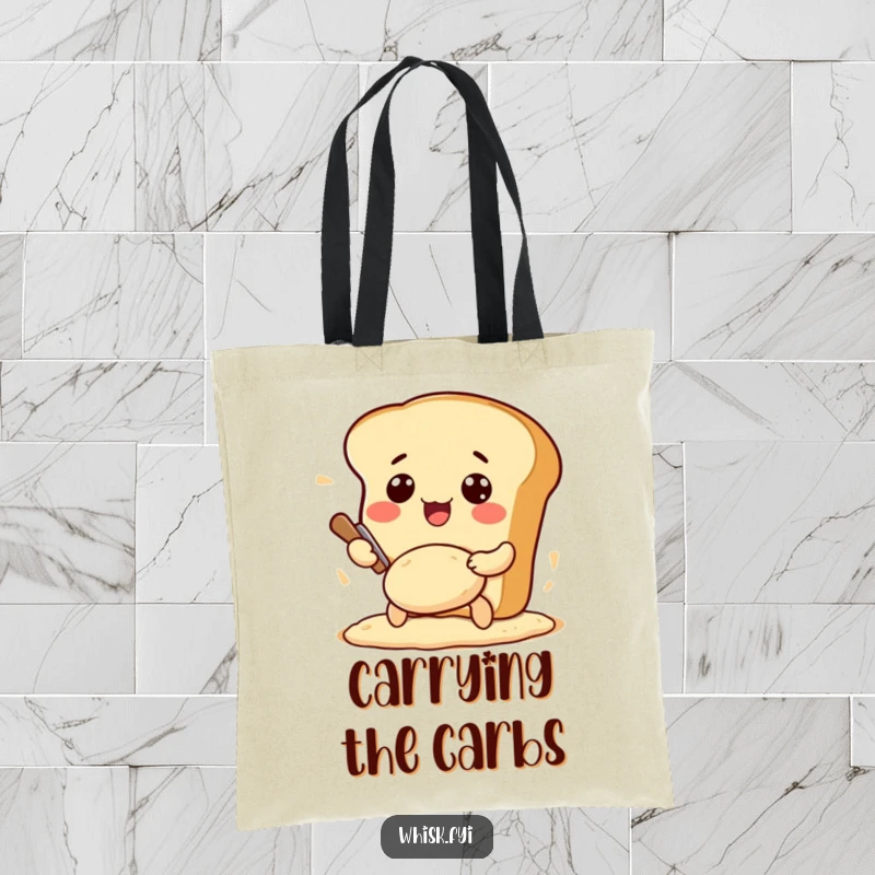 Funny Kawaii bread tote bag, showing an excited bread loaf character energetically kneading dough, a baker's essential accessory.