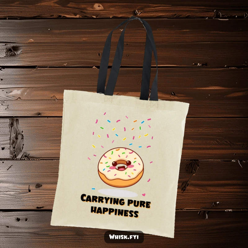 Funny Kawaii donut character joyfully scattering colorful sprinkles from above on a tote bag, looking festive.