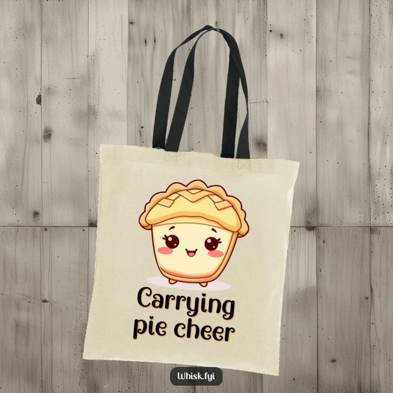 Funny Kawaii pie tote bag, showing a cheerful pie character with a lattice top, perfect for carrying everyday items.