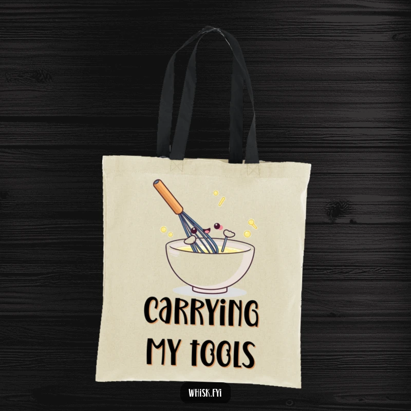 Funny kawaii tote bag with an illustration of a whisk actively stirring, perfect for carrying kitchen goods.