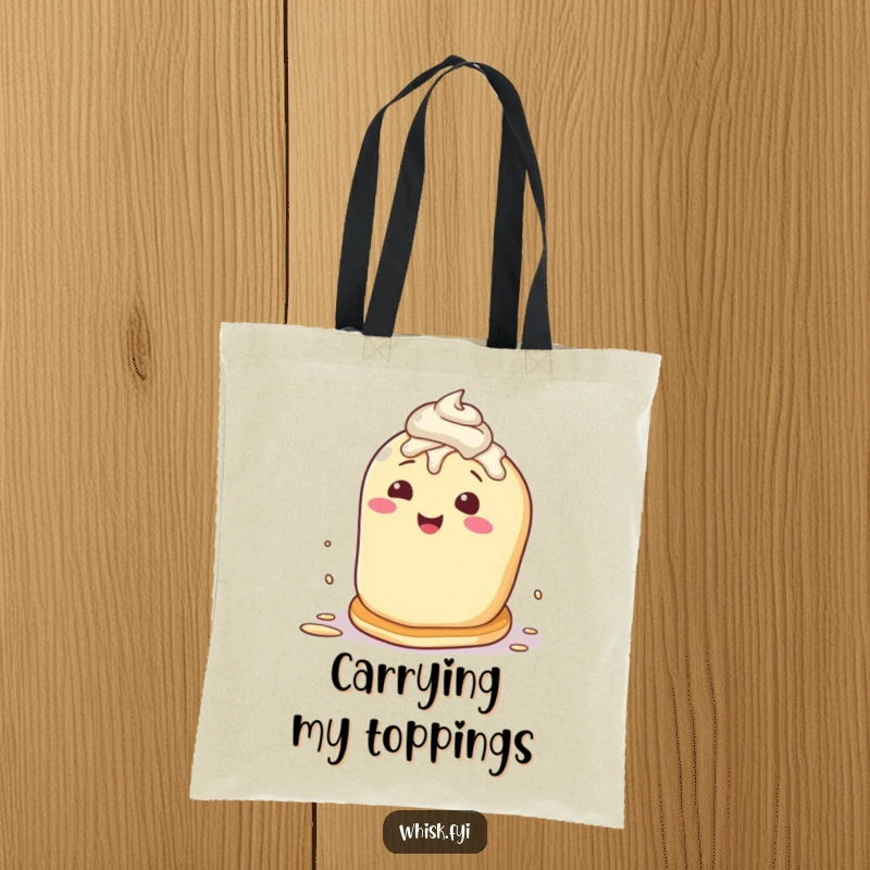 Funny tote bag showcasing a happy pancake character attempting a self-flip, covered in frosting, perfect for carrying groceries.