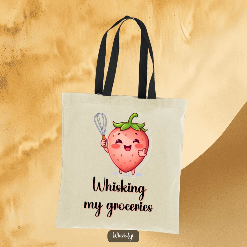 Funny strawberry tote bag with a happy strawberry character playfully holding a whisk, perfect for grocery shopping.